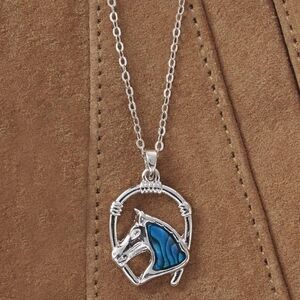 Abalone Shell Horse Framed with Horseshoe Necklace - New In Package